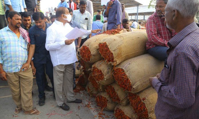 Minister Thummala inspection Khammam Mirchi market