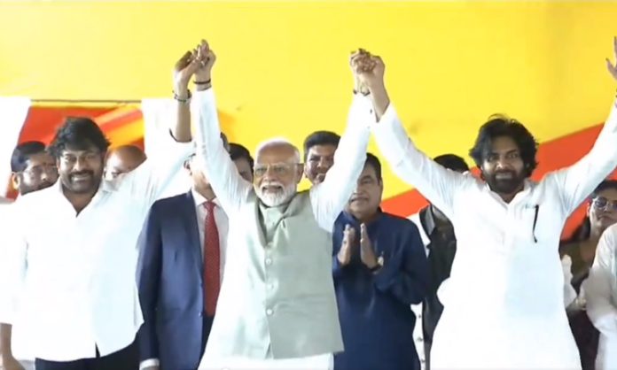 PM Modi with Chiranjeevi and Pawan Kalyan