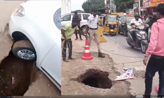 Crooked road at elevated corridor pillars in Uppal